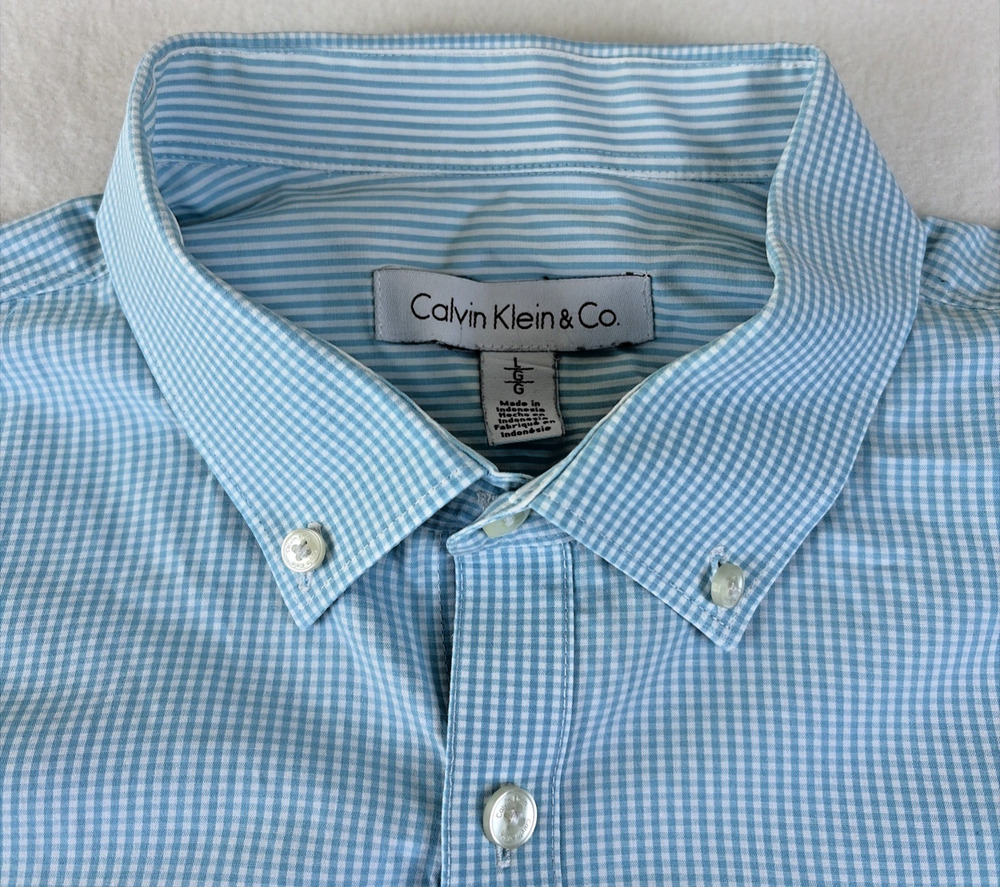 Calvin Klein Shirt Mens L Teal Blue Gingham Check Business Casual Button Down
